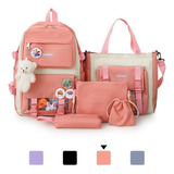 Kit Combo Mochila Escolar Kawaii 5 Piezas Estilo Coreano