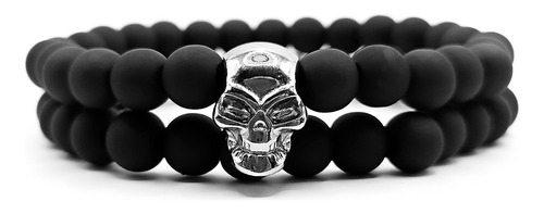 Kit 2 Pulseiras Masculinas Bolinhas Preta 8mm Caveira Prata