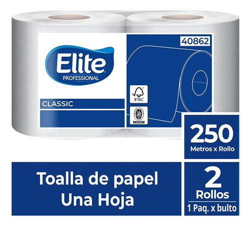 (pack X4) Toalla Papel Elite 40861, Blanca, Jumbo, 250mt X2 