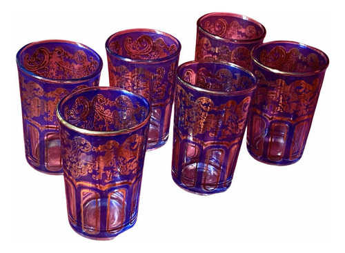 Antiguos Vasos De Vidrio Azules Con Oro Pintados A Mano