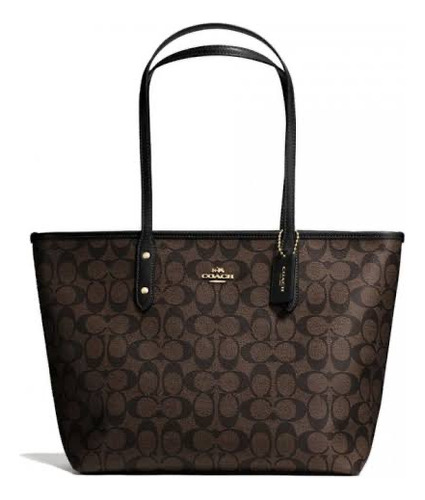 Bolsa Coach Dama City Tote Dark Brown Con Botón Acabado De Los Herrajes Níquel Color Marrón Correa De Hombro Negro Diseño De La Tela Rayado