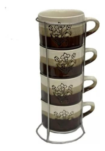 Set De 4 Mugs Tazas Café De Flores En Torre Rack Apilable