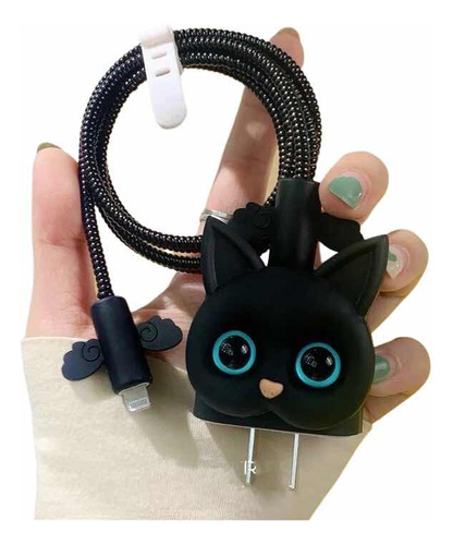 Protector De Cargador Y Cable Tipo C Para iPhone Gato Negro