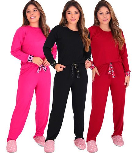 Kit 3 Pijamas De Algodão Thayla Manga Longa Conforto Top