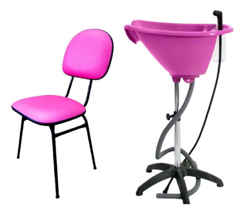 Escova Lavatório Salão Portátil Rosa + Cadeira Para Sentar