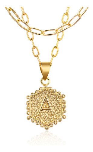 Collar Oro 14k Mujer - Inicial Hexagonal - Multi Capas - Hip