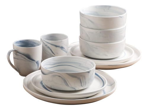 Set De Platos Comedor Azul Porcelana 24 Piezas Marmolado