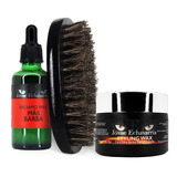 Kit Loción Crecimiento Barba Cera Para Barba Y Cepillo Negro