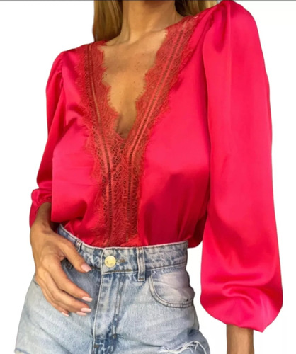 Blusa Mujer Saten Razo Com Puntilla Manga Globo 