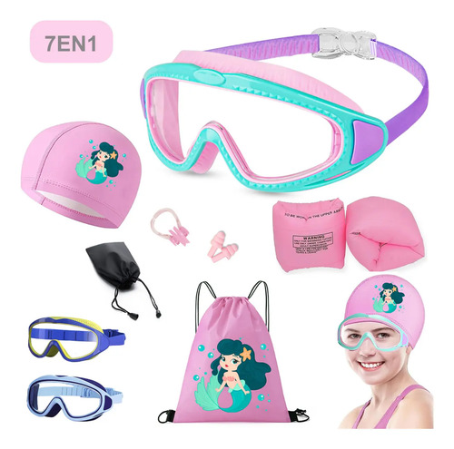 Kit 7en1 Googles Natacion Y Gorro De Baño Para Niños Y Niñas