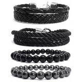 Kit 4 Pulseiras Masculinas Couro, Corda Ônix E Hematita 8mm