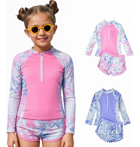Traje De Baño De Dos Piezas Para Niñas De Manga Larga Rayas | MercadoLibre