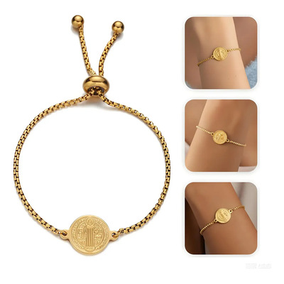 Pulsera Ajustable Con Medalla San Benito Para Hombre Mujer Dorado 26 Cm
