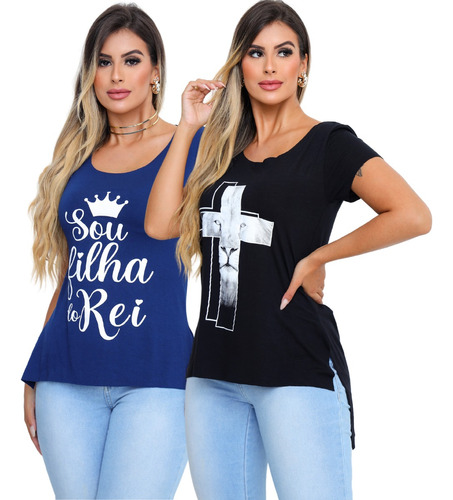 Kit 2 Blusas T-shirt Frases Evangélicas Tapa Bumbum