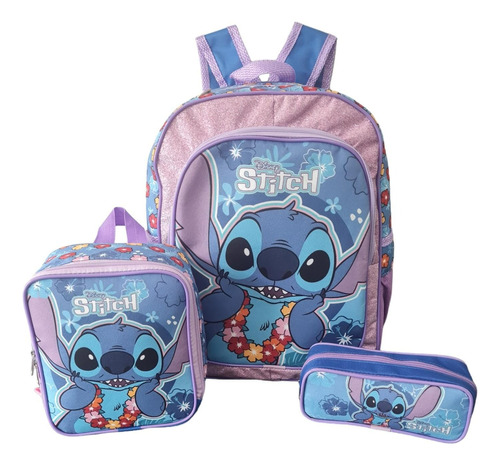 Kit Mochila Infantil Lilo & Stitch Aloha Azul Tam G Costas