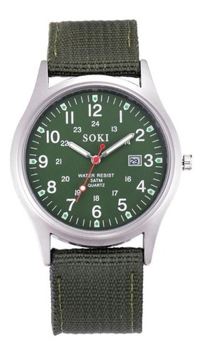 Reloj Militar Acero Cuarzo Marca Soki Color Verde  Lona