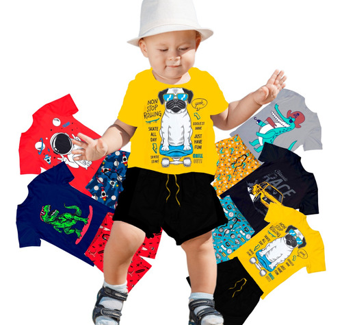 Kit 10 Peças Roupa Bebê Menino Com 5 Camisetas + 5 Shorts