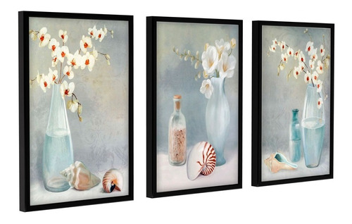 3 Quadros Decoração Sala Hall Vasos Flores Brancas Conchas