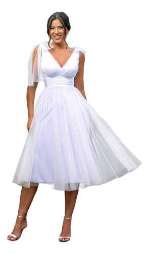 Vestido  Midi Casamento Civil Noiva Branco Recorte Busto 