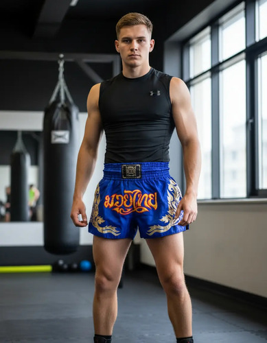 Short Muay Thai Estilo Tailandês Ockto Azul Dt Dourado | Frete grátis