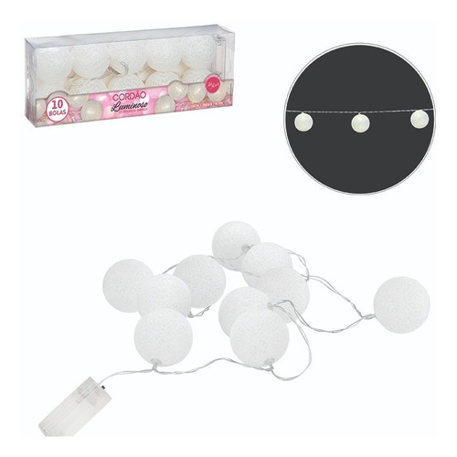 Varal Cordão Fio Luz Bolinha Decora Luminária 10 Bola Led 2m