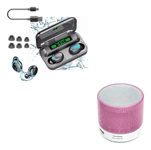 Kit Audífonos Bluetooth F9 Negros Y Bocinita Portátil Rosa