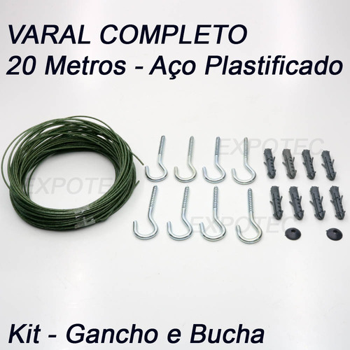 Kit Corda Para Varal Aco Plastificado 20 Metros + 8 Ganchos