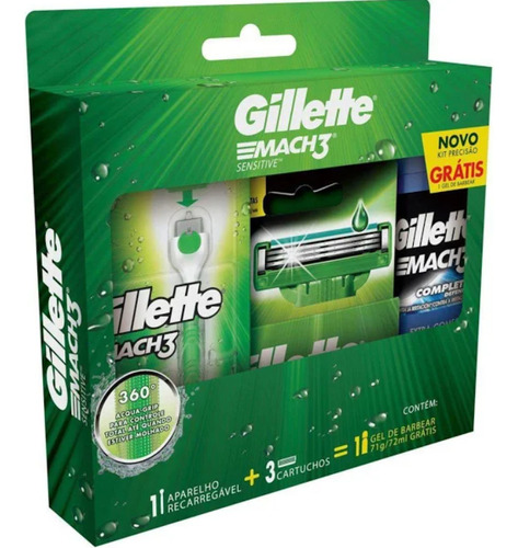 Kit Gillette Mach3 Aparelho Sensitive+2cargas+gel De Barbear Talle Sensitive