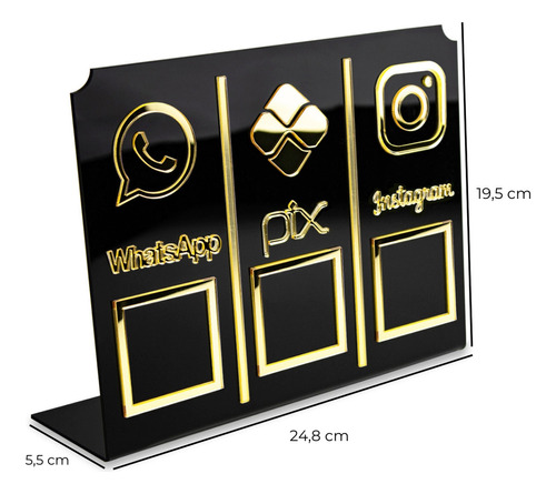 Display Placa 3 Em 1 Whatsapp Pix Instagram Qr Code Preto Preto E Dourado