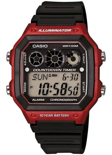 Relógio Casio Masculino Quadrado Digital Ae-1300wh-4avdf Cor Da Correia Preto Cor Do Bisel Vermelho/preto Cor Do Fundo Preto