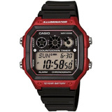 Relógio Casio Masculino Quadrado Digital Ae-1300wh-4avdf Cor Da Correia Preto Cor Do Bisel Vermelho/preto Cor Do Fundo Preto