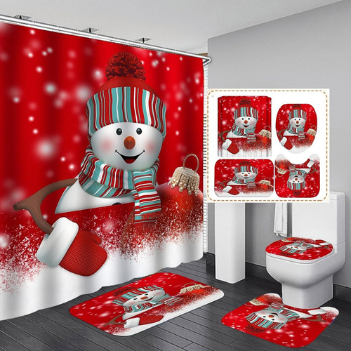 Juegos De Baño Navideños Cortina De Ducha Impermeable Fundas Color Rojo Red Snowman
