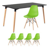 Conjunto Jantar Eames Mesa 140 X80  Cm 4 Lugares Cadeiras Cor Mesa Preto Com Cadeiras Verde Claro