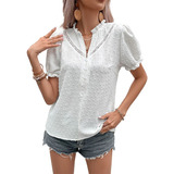 Blusa De Playa Blanca De Manga Corta Con Jacquard Y Botones