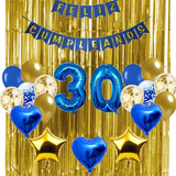Combo Globos Feliz Cumple Azul Y Oro +2cortina+numeros 70cm