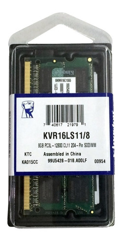 Memória Kingston Note Ddr3 Kvr16ls11/8 1600 Low 1.35v - 8gb