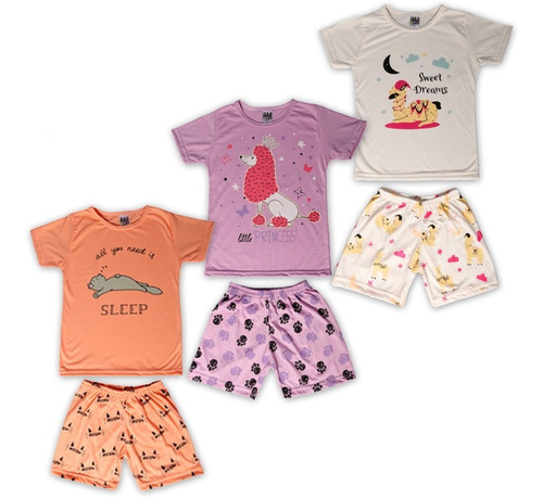 Kit 3 Conjuntos De Pijamas Infantil P/ Menina Brilha Escuro