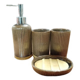 Set De Baño Accesorios Deco Ceramica Y Bambu 4 Piezas Regalo