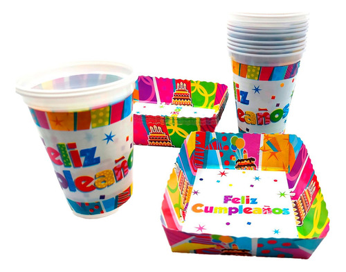 Kit Fiesta Cumpleaños Vasos Y Platos Multicolor X 12 Units