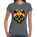 Playera Mujer Cráneo Con Mariposas Día De Muertos #761