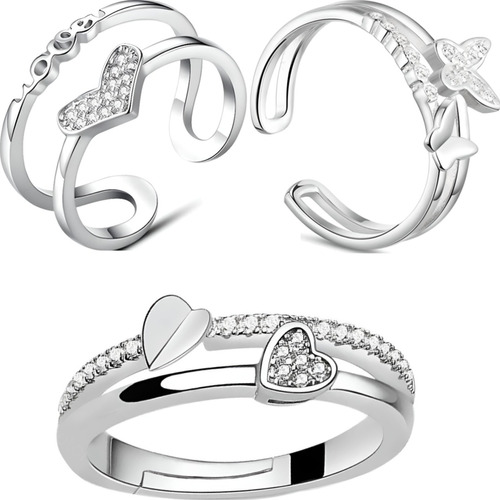 3 Anillos Plata 925 Ajustable Mujer Corazón Amor Regalo Joya