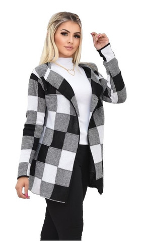 Cardigan Xadrez Feminino Tricô Inverno Moda  Sobretudo Luxo