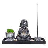 Kit Jardim Zen Buda Hindu Porta Vela Incensário Base Madeira