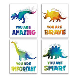 Set 4 Cuadros Dinosaurios Coloridos Canvas Infantil Arte