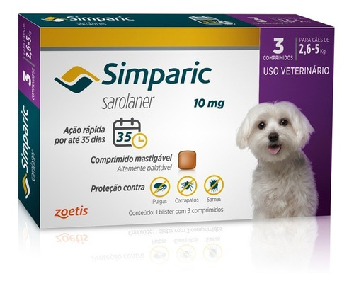 Simparic Cães 2,6 A 5kg 10mg Cx 3 Comprimidos - Zoetis