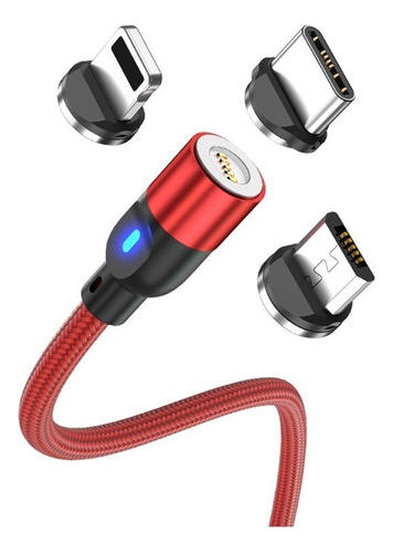 Cable Usb Magnético 3en1 Carga Rápida+ Datos+ Giratorio 360° Color Rojo 1m