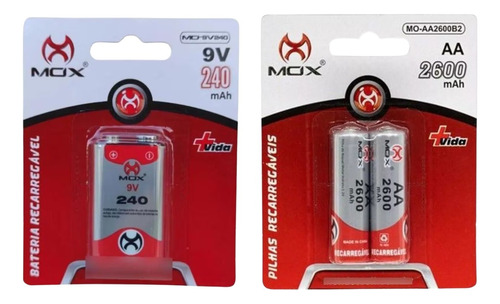 Bateria Recarregável 9v Volts Mox Original + 2 Pilha Aa 1.2v