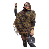 Blusa Poncho Grosso Tricot Trico Lã Manga Longa Com Franja  