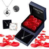 Flores Rosa Eterna Y Collar De Corazón Regalo Para Mujeres