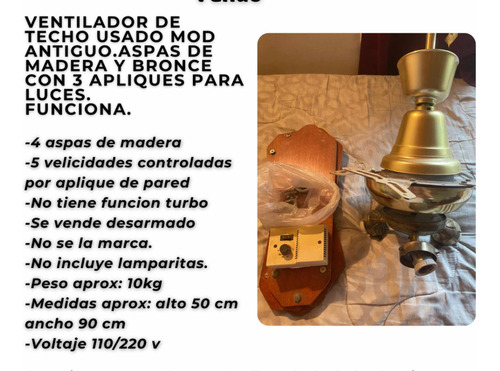 Ventilador De Techo De Madera /bronce Mod Antiguo. Funciona